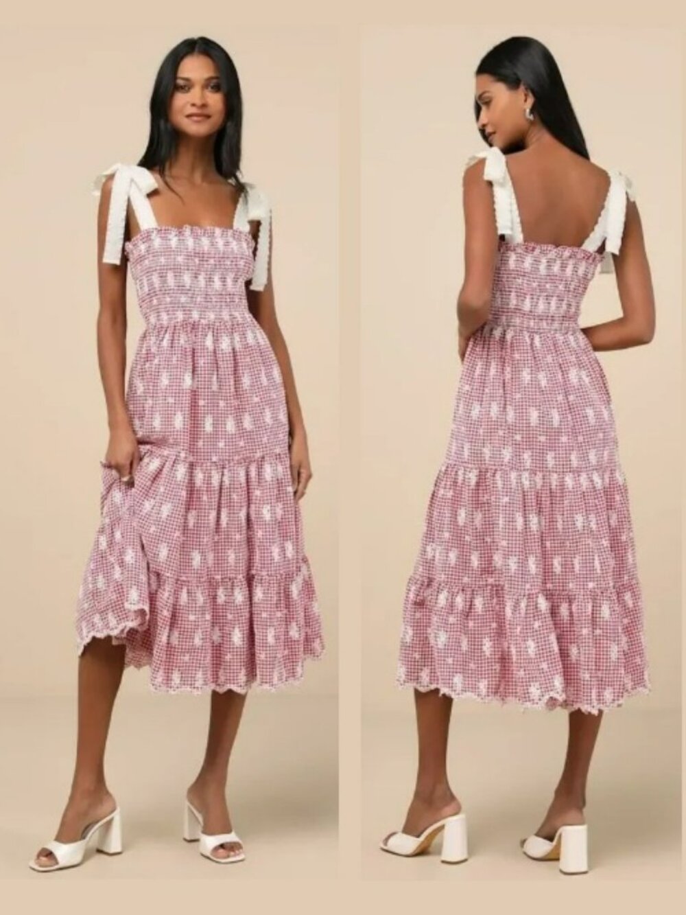 Jacquie The Label Red Isabella Gingham Embroidered Tiered Midi Dress Size L